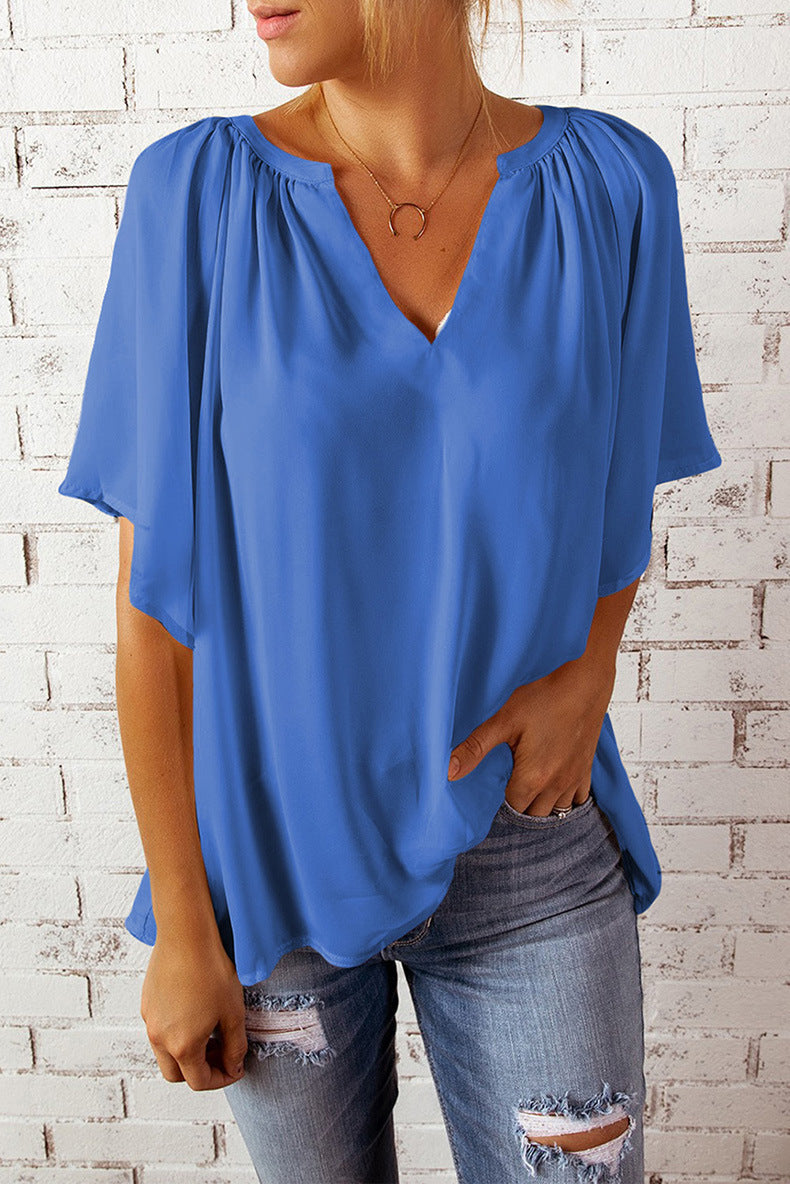 Women's Loose Half Sleeve T-shirt V-neck Pullover Solid Blouses