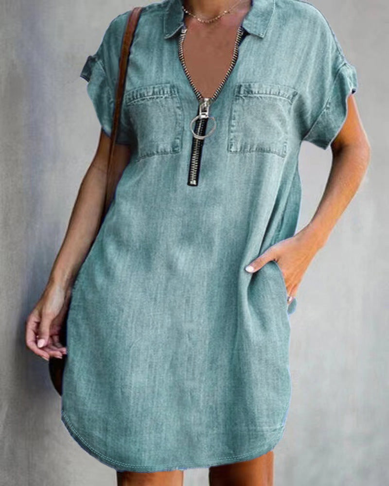 Lapel Sleeve Loose Dress Denim Shirt Dresses