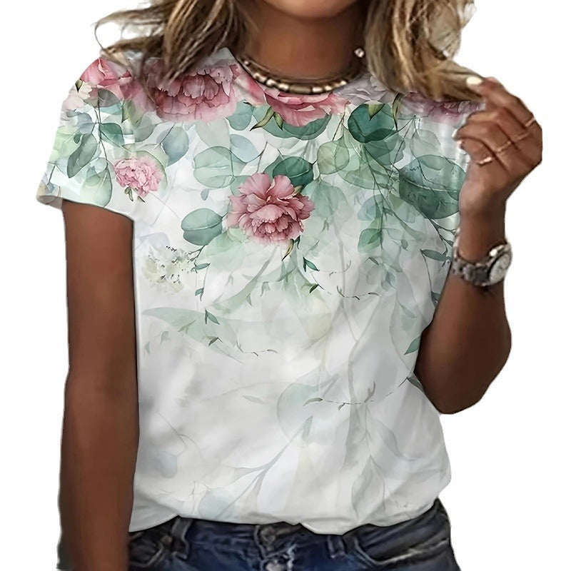 Kurzärmliges T-Shirt mit Blumen- und Pflanzendruck für den Sommer für Damen