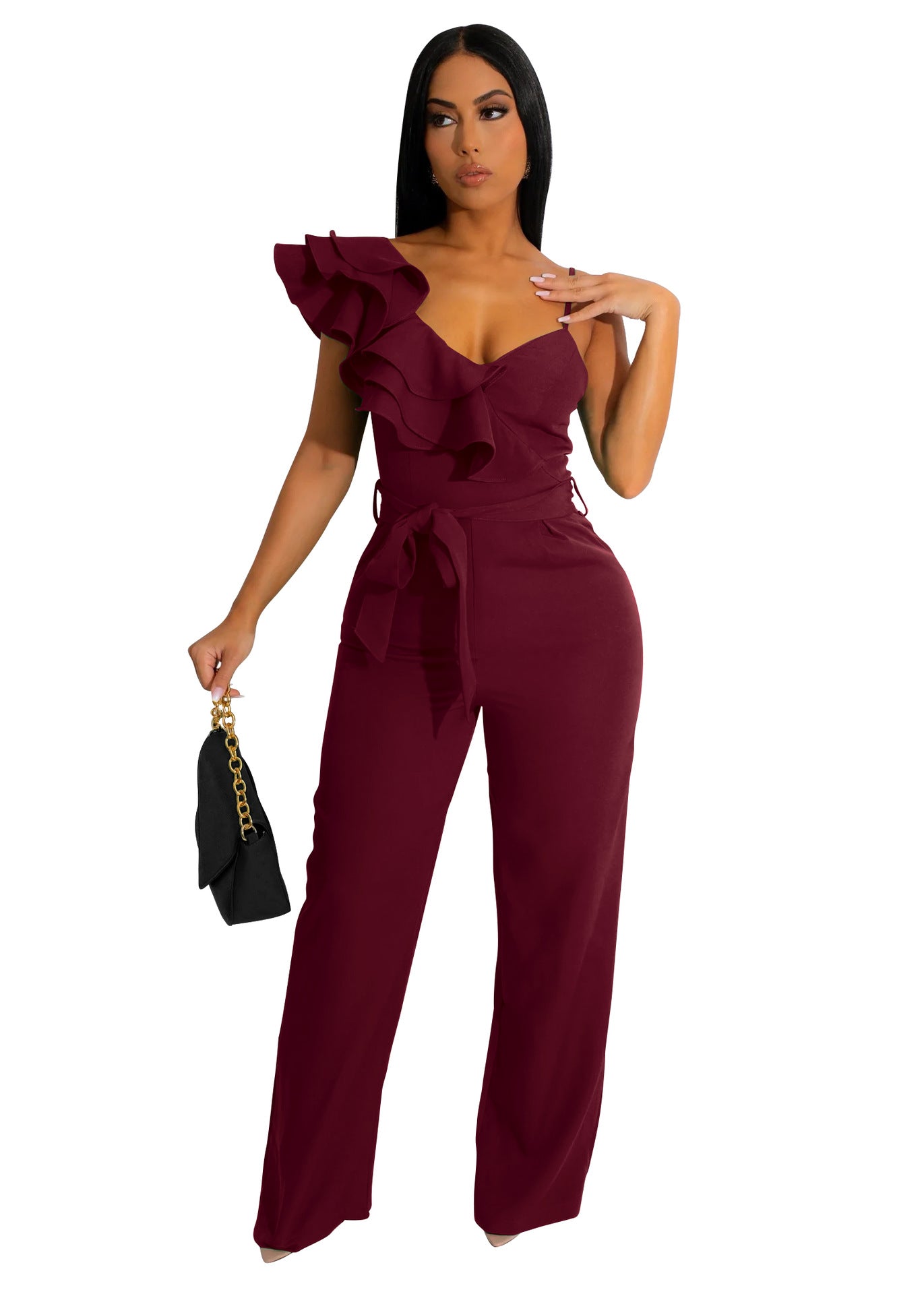 Damen Jumpsuits mit Rüschen, einer Schulter, ärmellos, Taille, tiefem V-Ausschnitt, locker und einfarbig