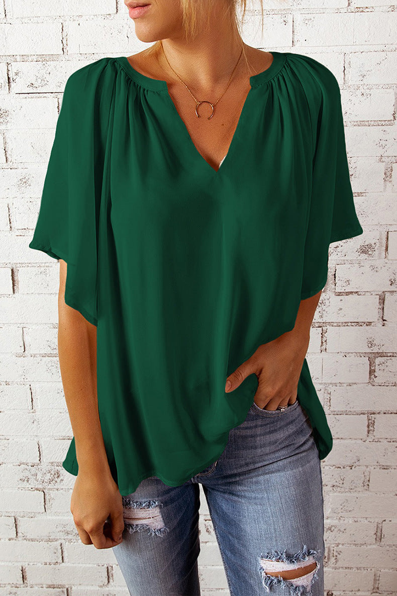 Women's Loose Half Sleeve T-shirt V-neck Pullover Solid Blouses