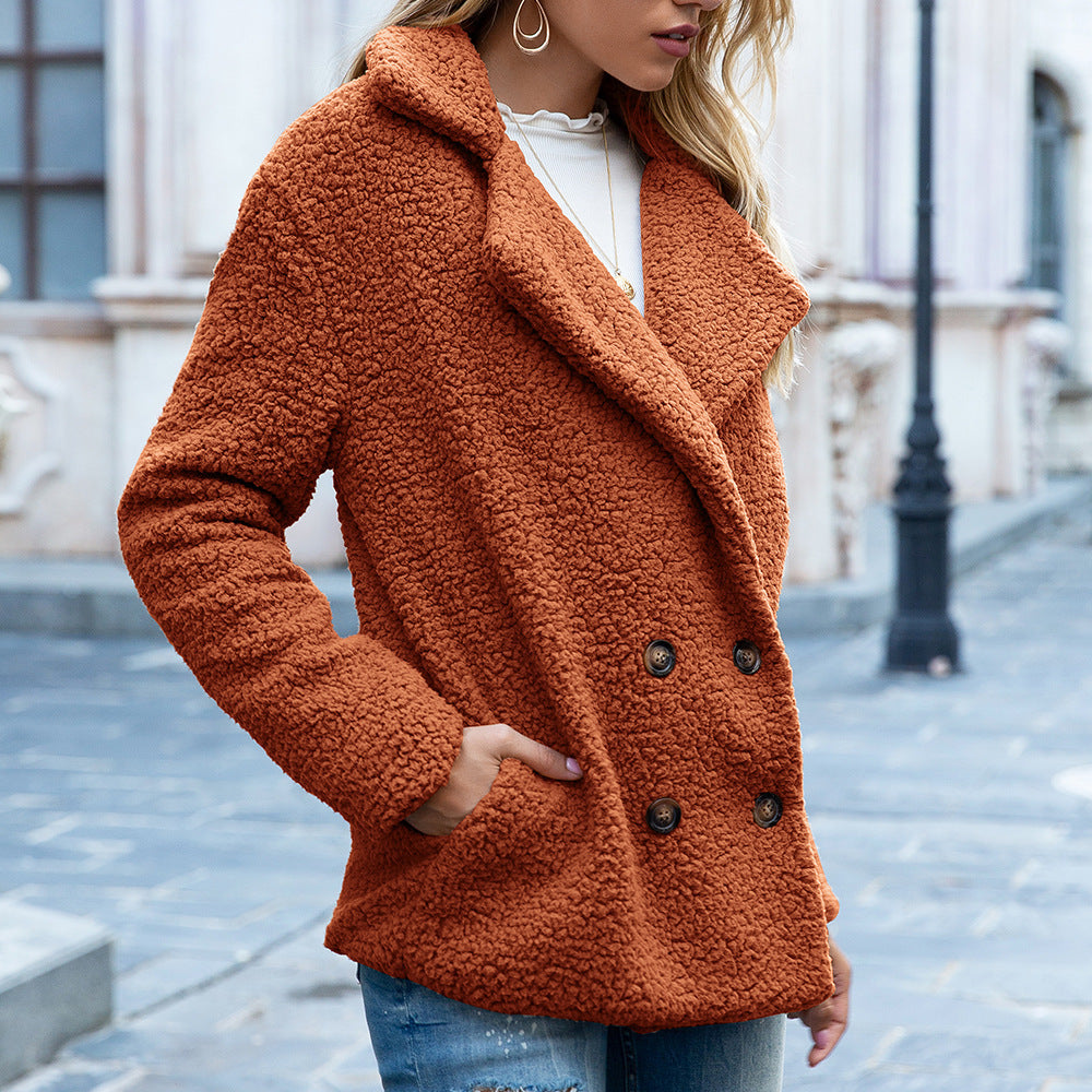 Lockere Fleece-Hemdpullover mit Knopf und pelzigem Revers