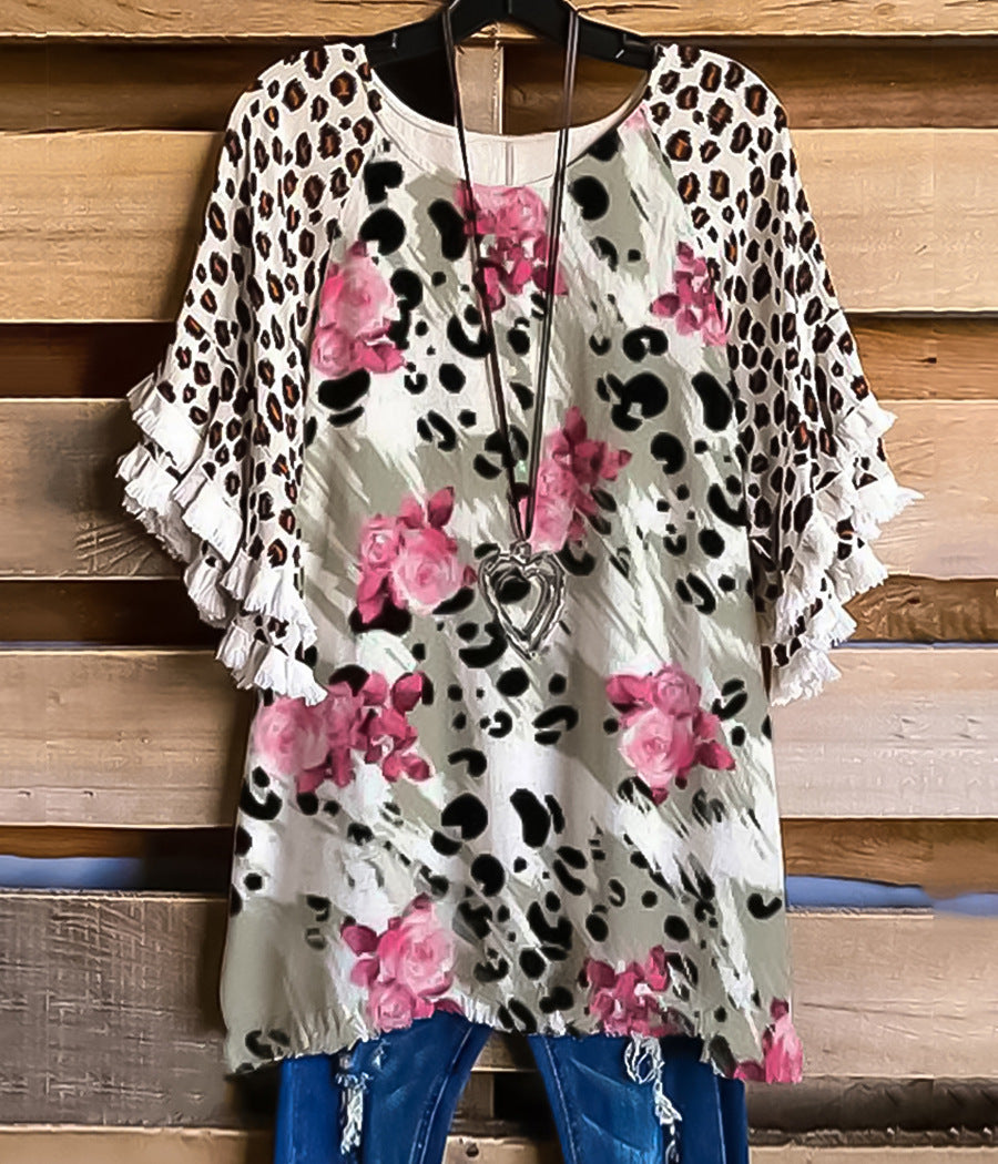 Women's Print Ruffled Sleeves Stitching Loose Sleeve Blouses