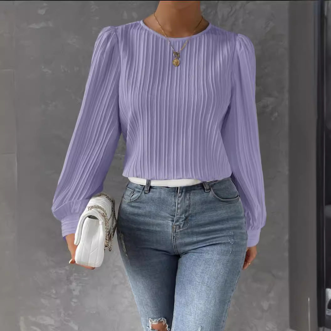 Round Neck Lantern Sleeve Long Solid Blouses