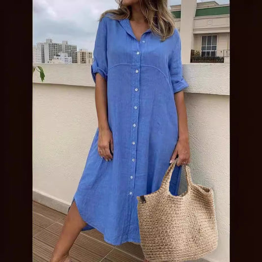 Solid Color Cotton Linen Shirt Dress Blouses