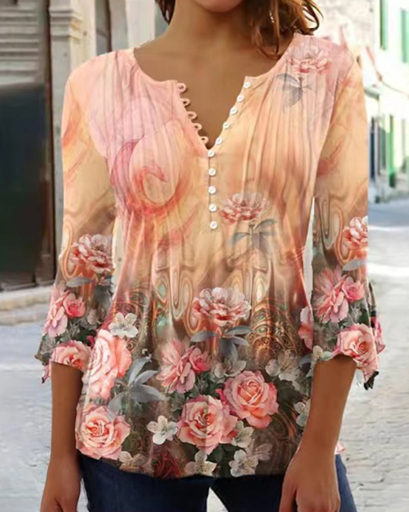 Women's Printed Sleeve Pleated Button T-shirt Bottoming Blouses