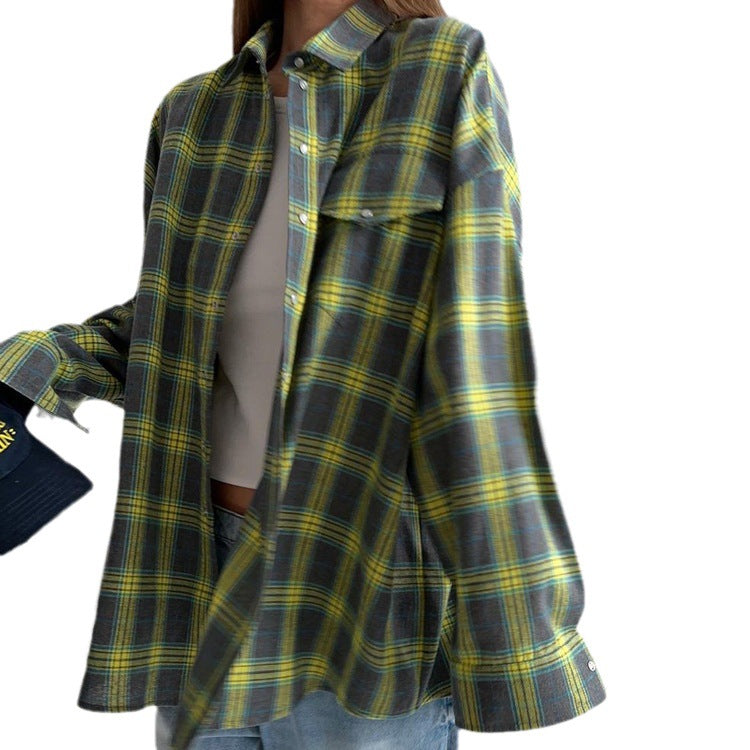 Women's Style Lapel Loose Shirt Autumn Plaid Blouses