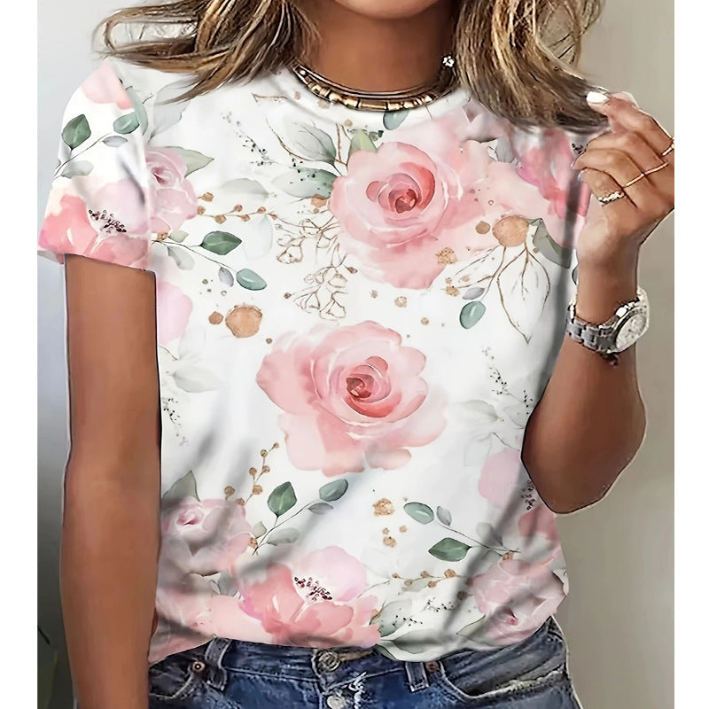 Women's Summer Floral Plant Print Short-sleeved T-shirt Tops