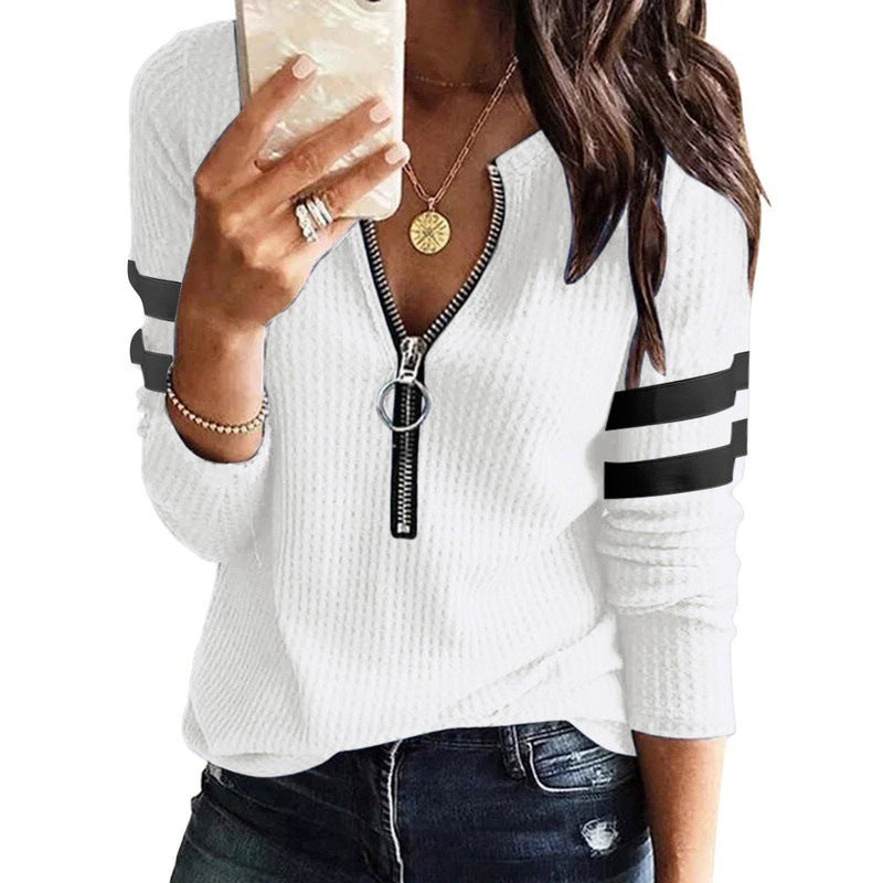 Women's Zipper V-neck Stitching Long Sleeve T-shirt Blouses