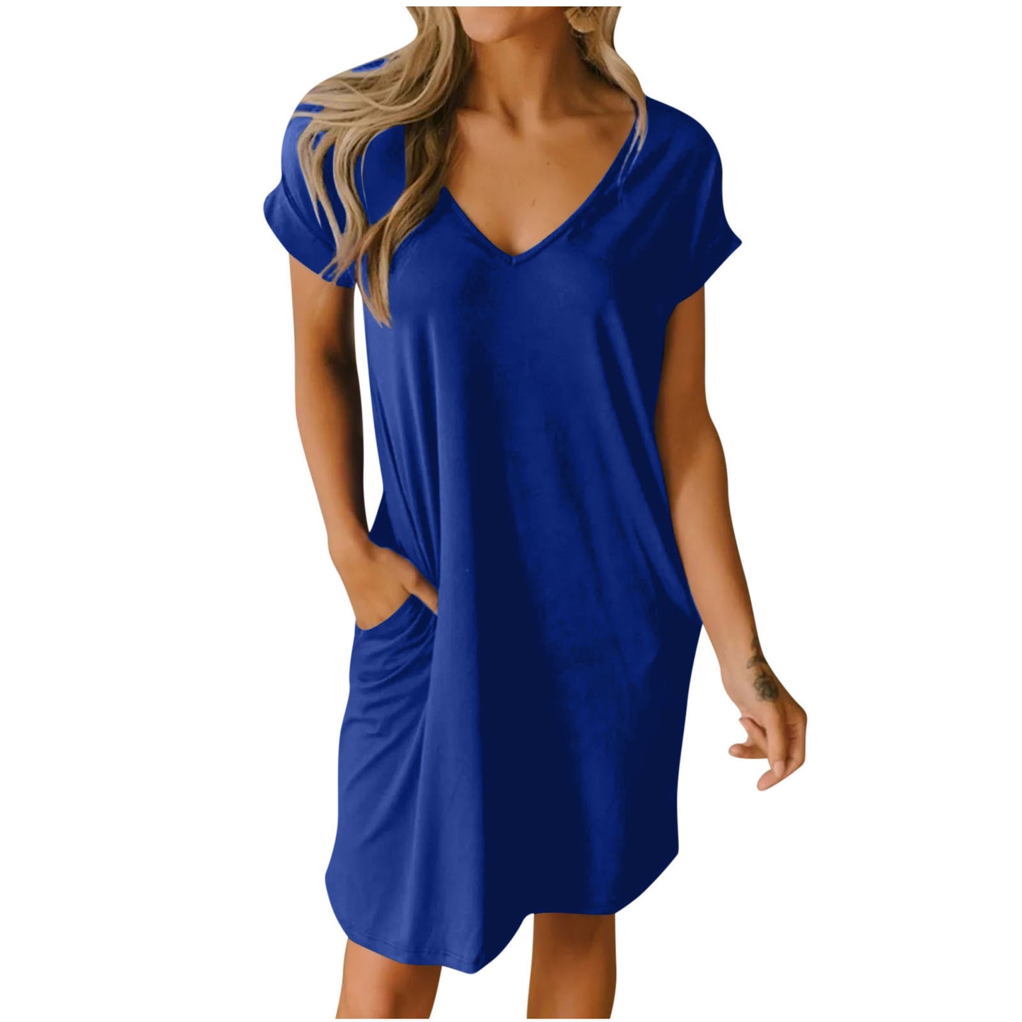 Women's Solid Color Sleeve Pocket Midi Dress Dresses