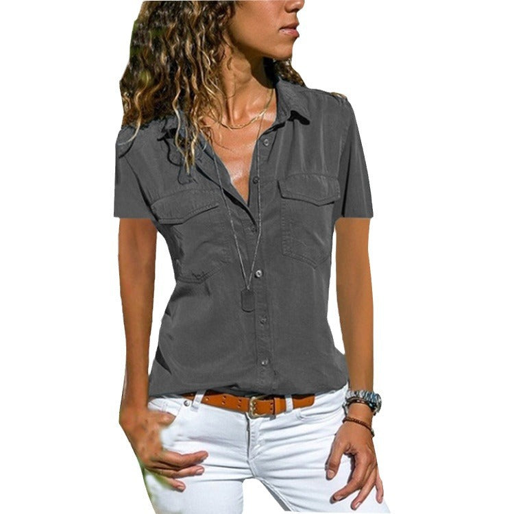 Women's Popular Summer Shirt Lapel Sleeve Shorts