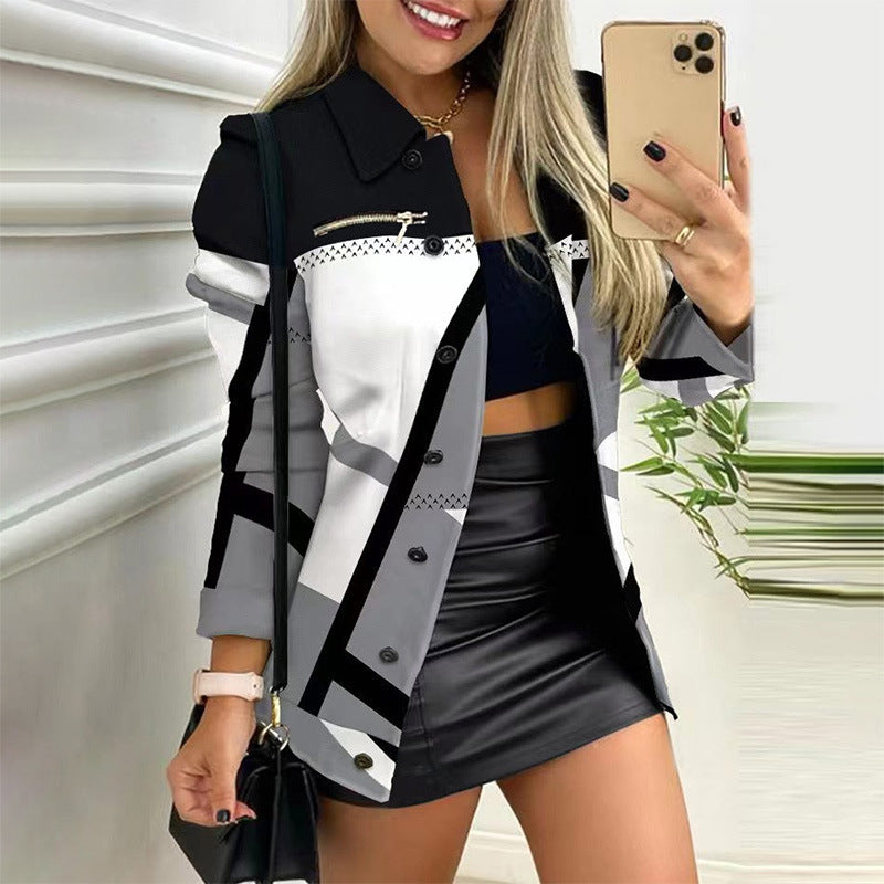 Women's Long-sleeved Single-breasted Zipper Printing Lapel Blazers