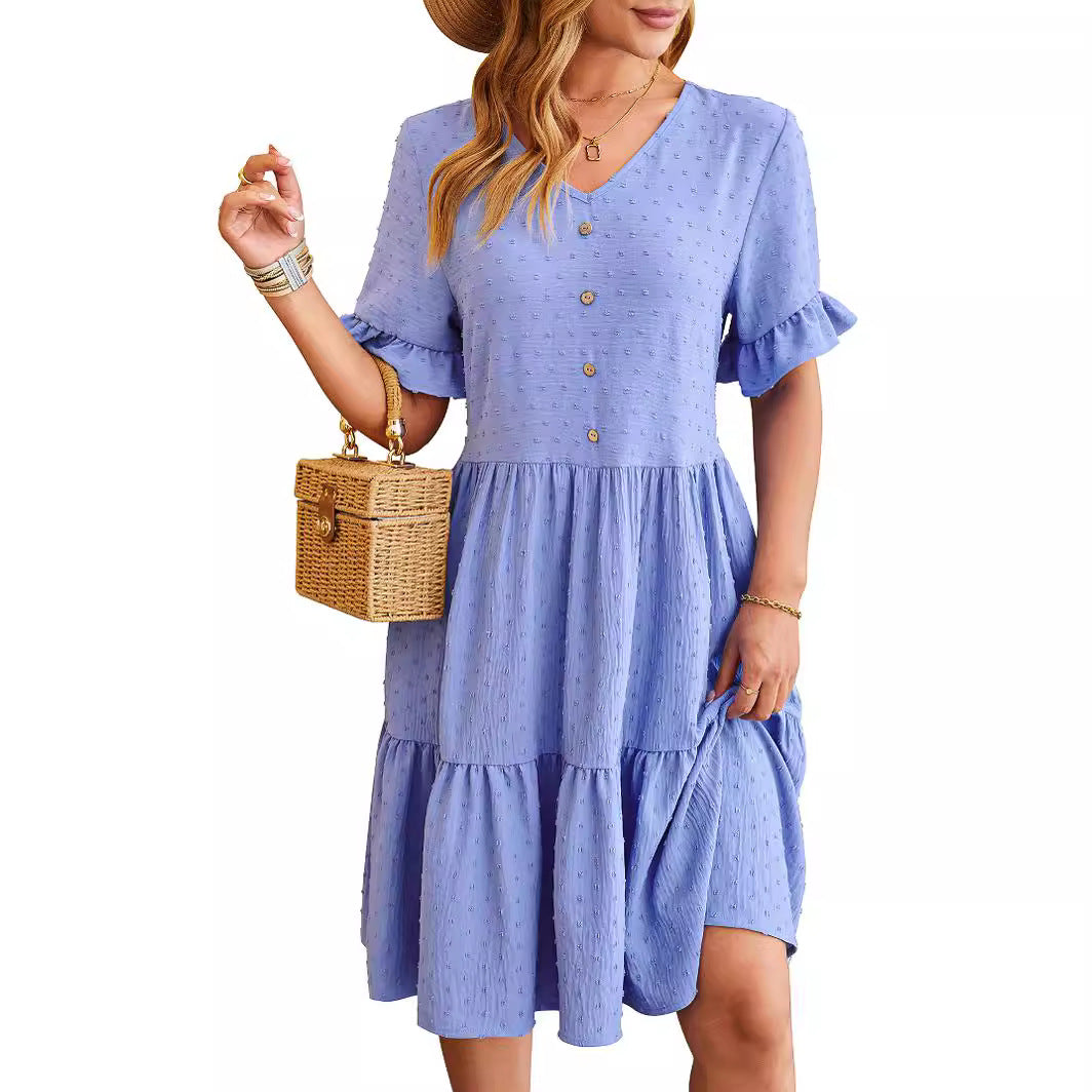 Women's Jacquard Waist Sleeve Pleated Dress Dresses