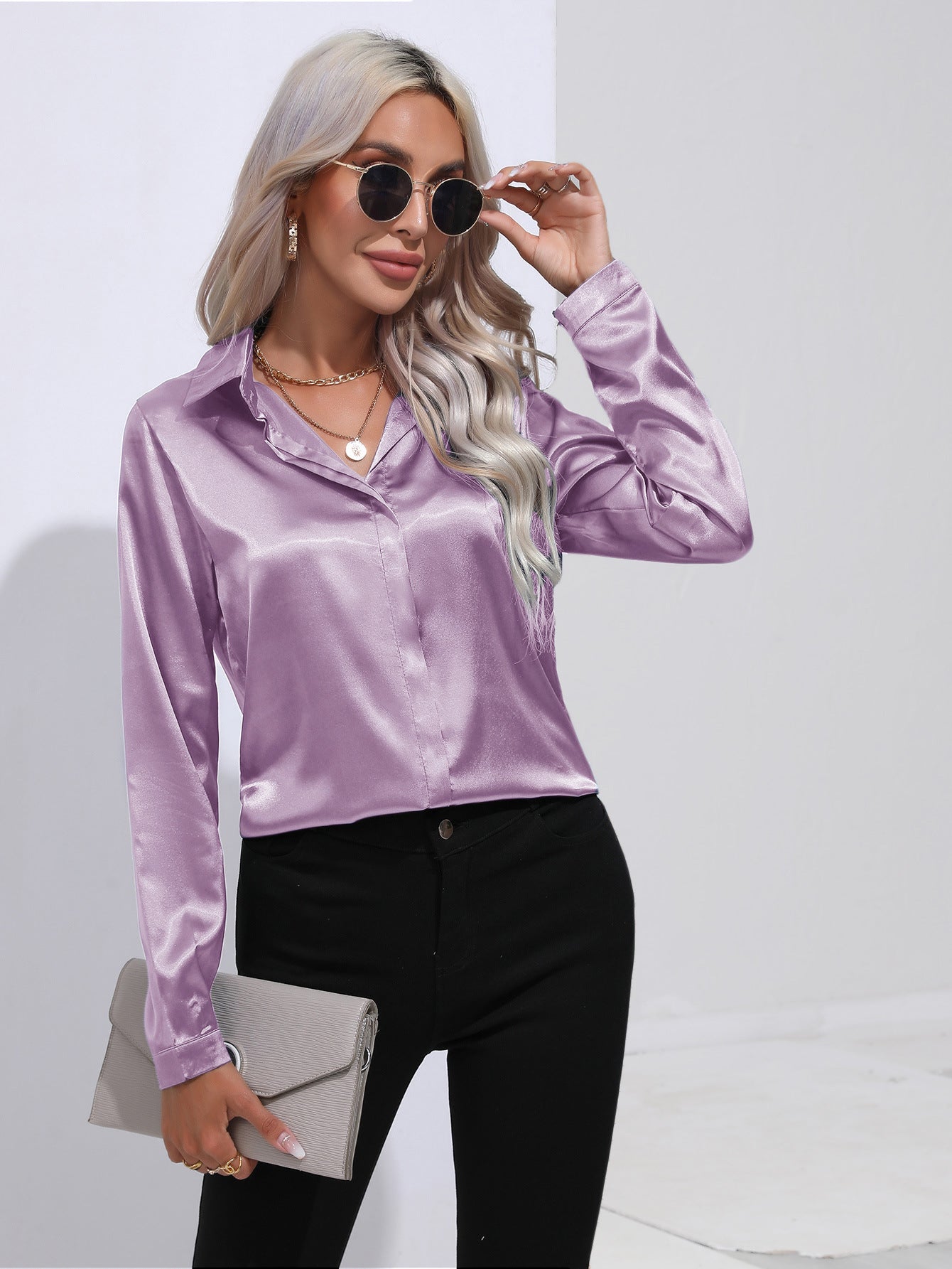 Women's One Button Satin Shirt Long Sleeve Blouses