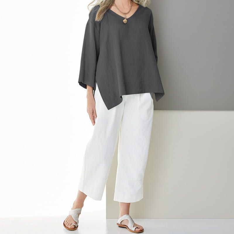 Women's And Linen Shirt Three-quarter Sleeve Side Tops