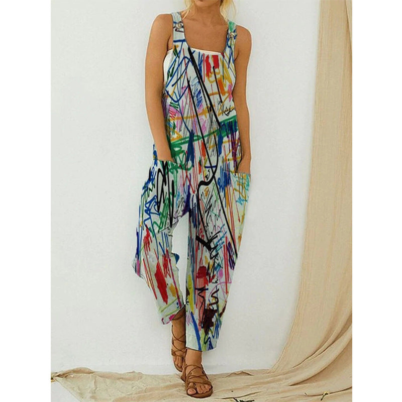 Women's Slouchy Retro Abstract Print Overalls Pants