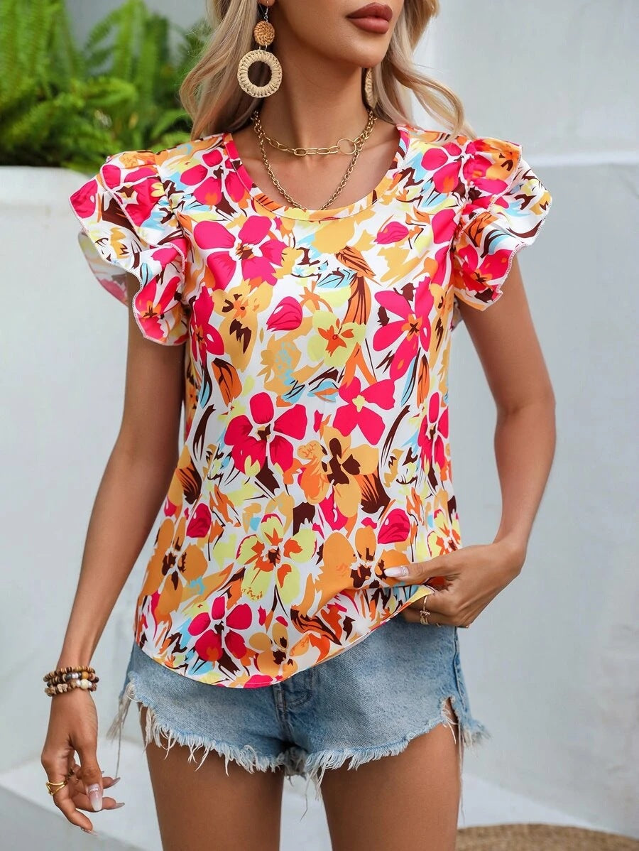 Women's Summer Floral Print Double-layer Flying Short-sleeved Blouses