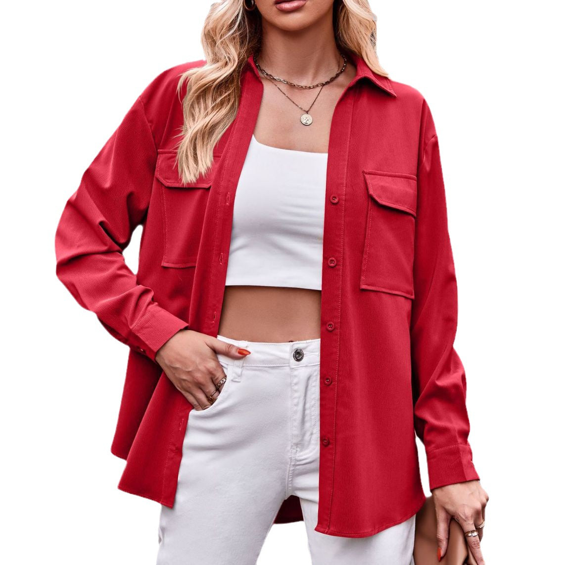 Women's Double Pocket Loose Long Sleeve Solid Blouses