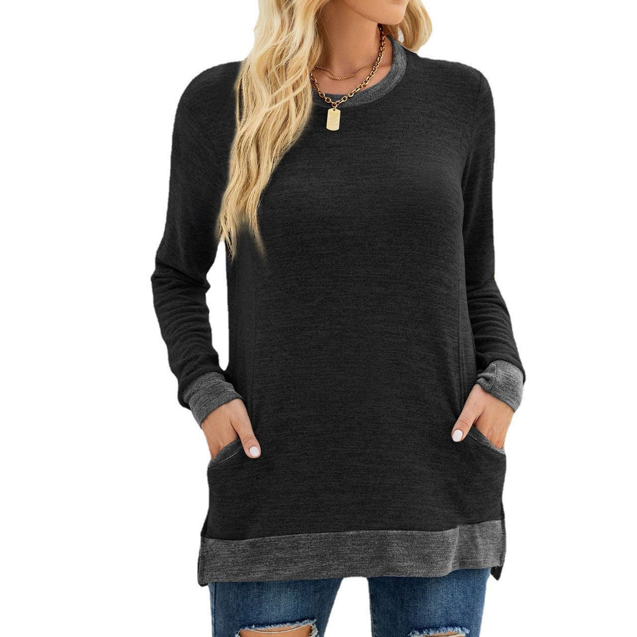 Women's Round Neck Multicolor Pocket Long Sleeve Tops