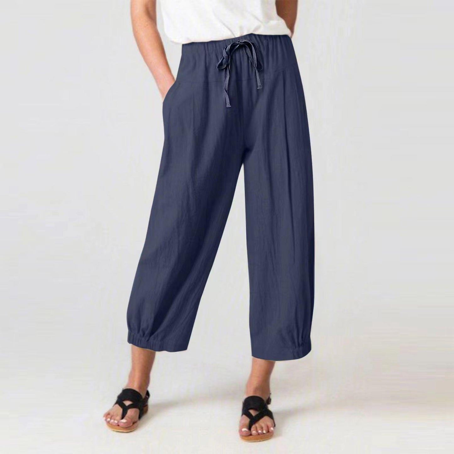 Women's Cotton Linen Drawstring Cropped Pocket Casual Pants