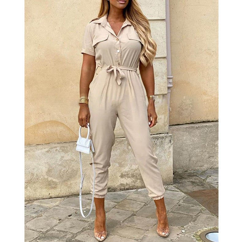 Women's Summer Casual Polo Collar Printed Belt Jumpsuits