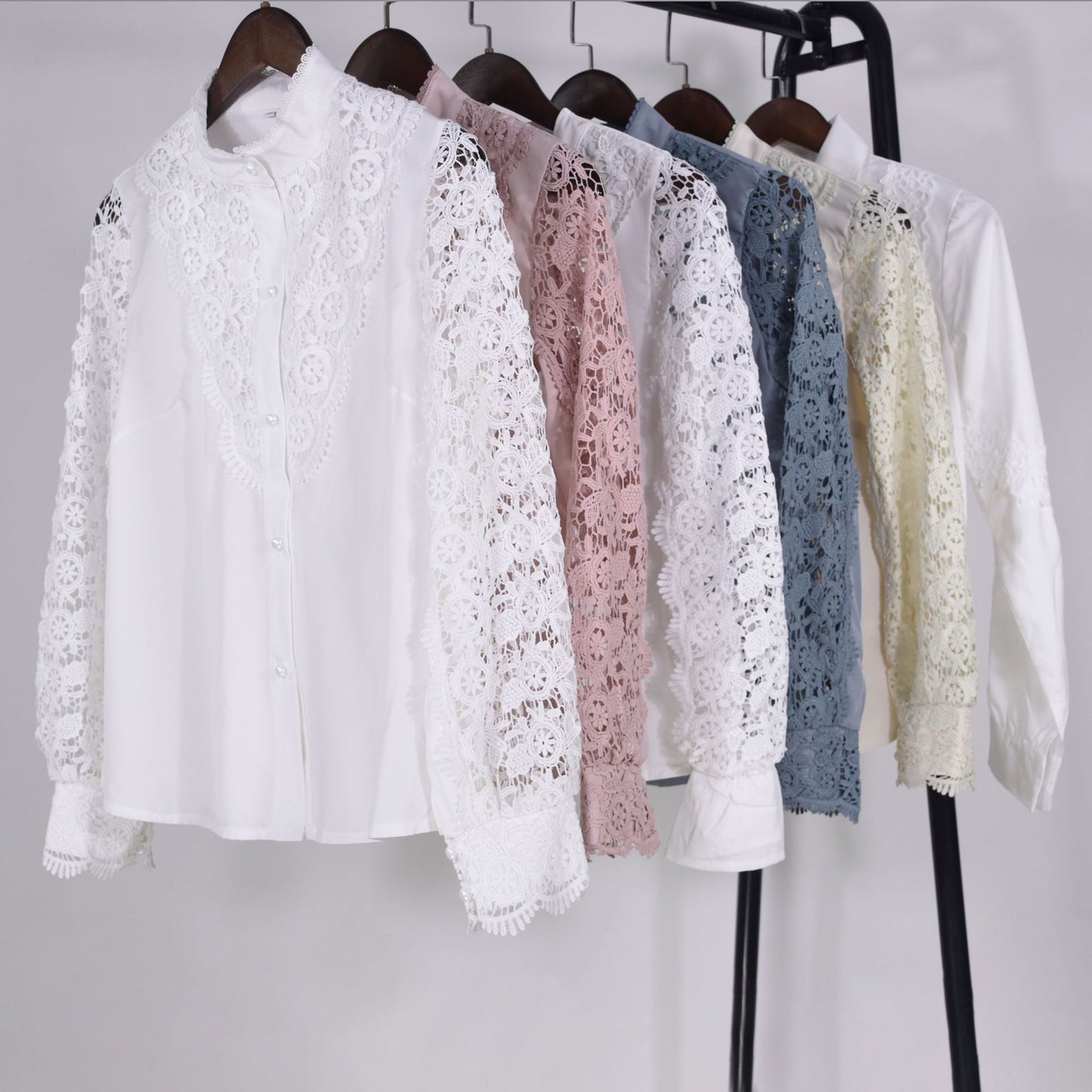 Women's Design Fashion White Lace Long Sleeve V-neck Openwork Blouses