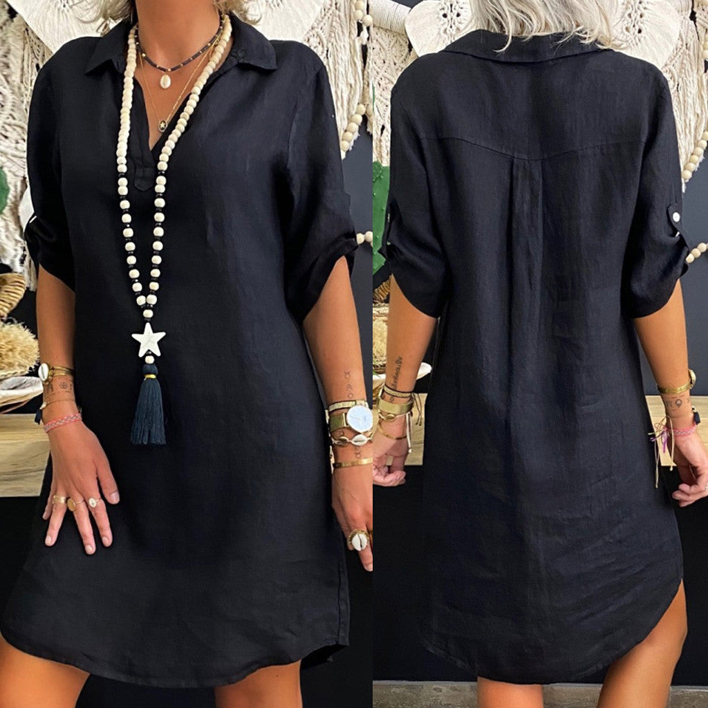 Nordic Style Rayon Short-sleeved Shirt Dress Blouses