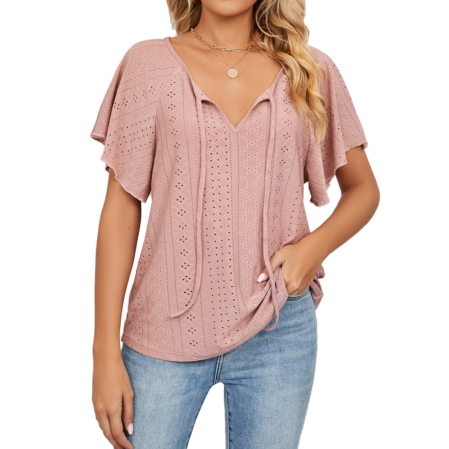 Women's Solid Color V-neck Lace-up Sleeve Loose Blouses