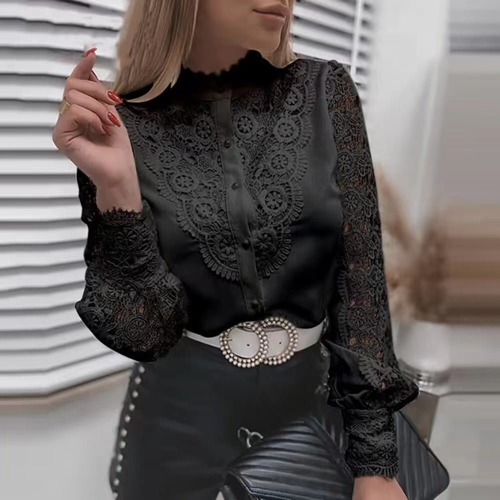 Damen Design Mode weiße Spitze Langarm V-Ausschnitt Openwork Blusen