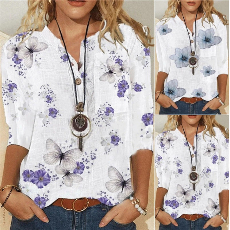 Women's Fashion Elegant Quarter Sleeve Printed Loose Blouses