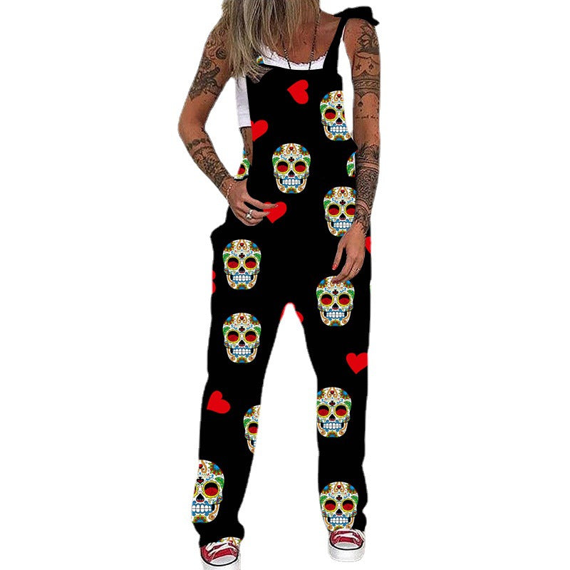 Damen Hosenträgerhose mit Schnürung und Totenkopf-Print