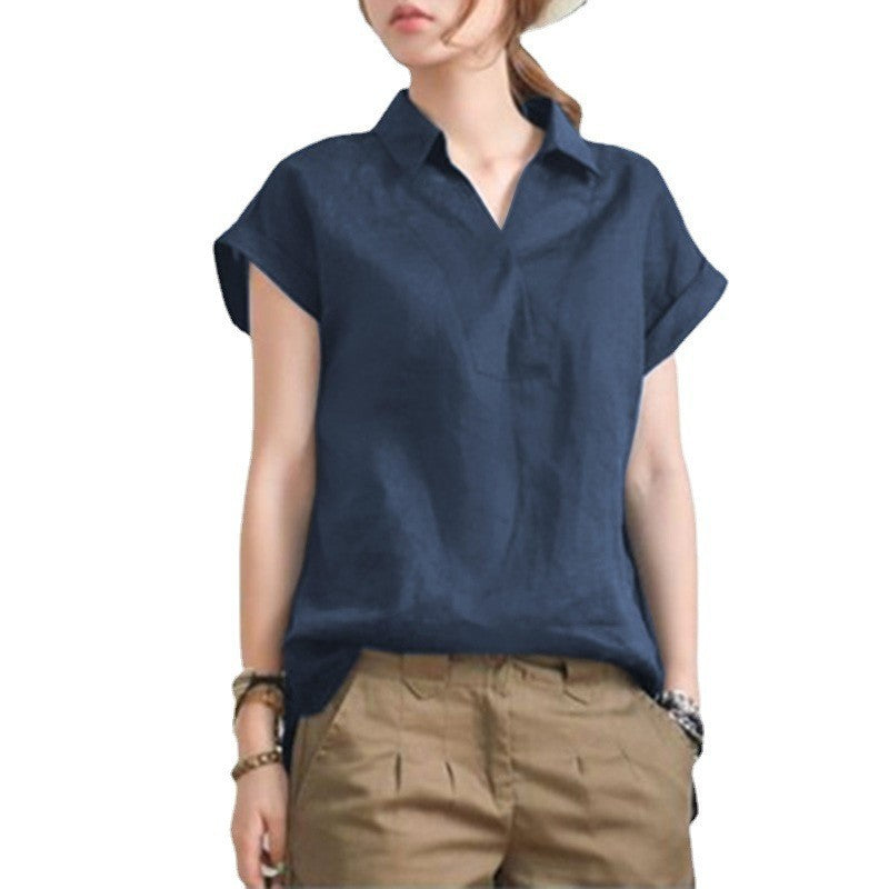 Women's Long Back Lapel Shirt Summer Linen Leisure Sleeve Shorts