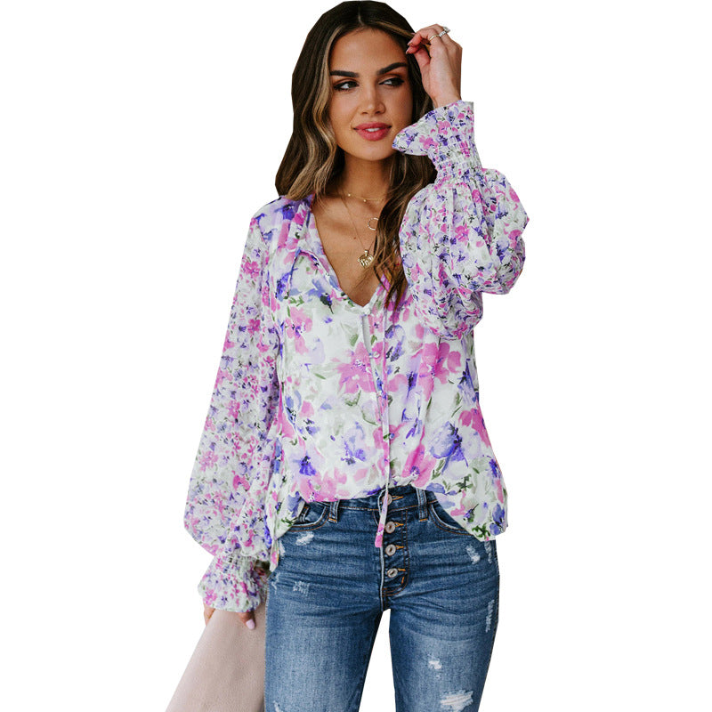 Women's Chiffon Loose Floral Pattern Fashion Lantern Blouses