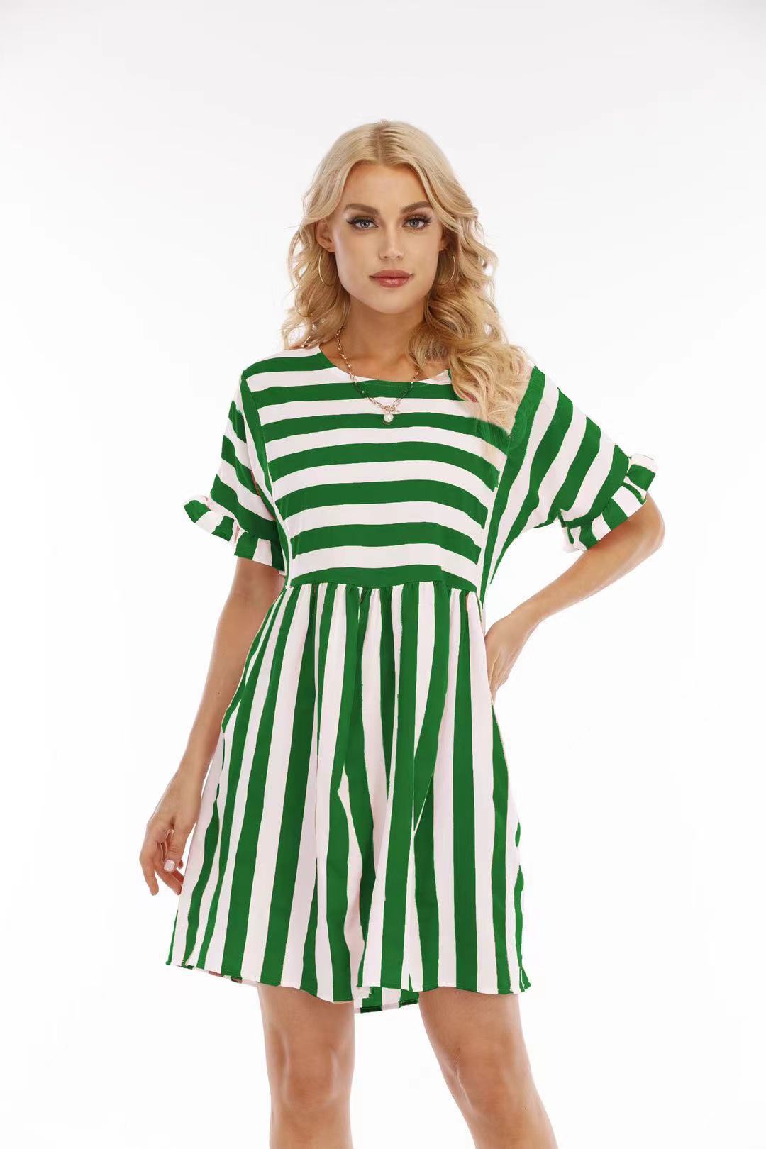 Women's Summer Striped Round Neck Loose Stitching Dresses