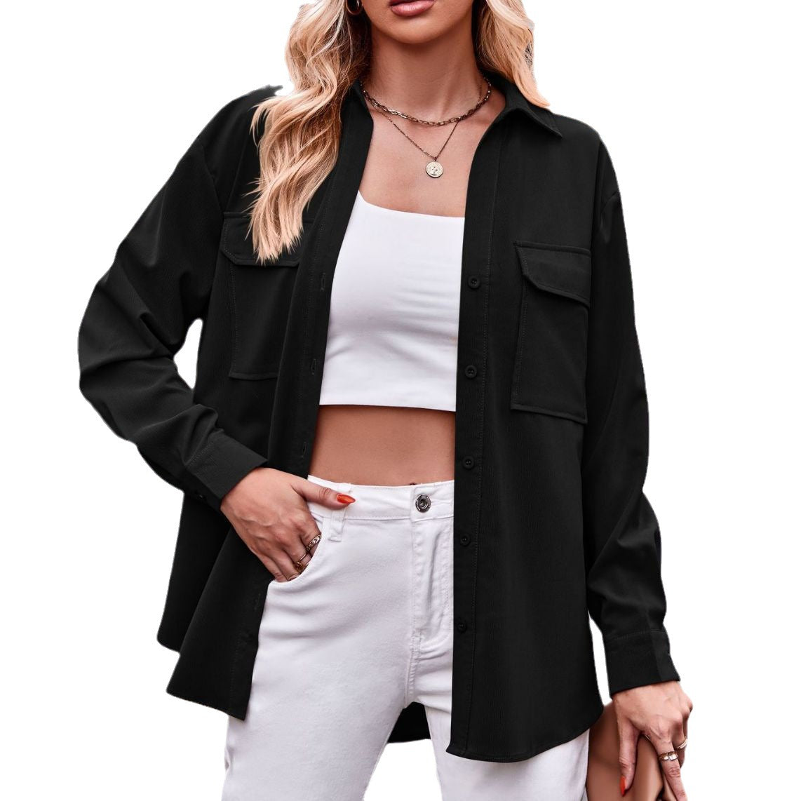 Women's Double Pocket Loose Long Sleeve Solid Blouses