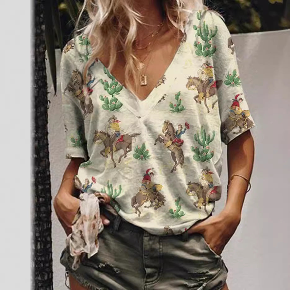 Damen T-Shirt Blusen mit Digitaldruck im Western-Stil und Jeansärmeln