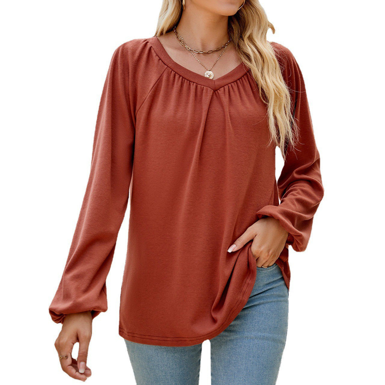 Women's Solid Color Long-sleeved V-neck Loose Pleated Tops