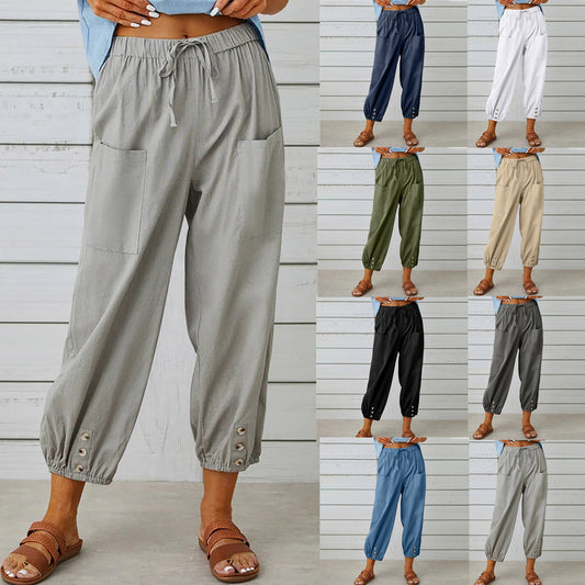 Women's Cotton And Linen Trousers Cropped Wide Pants