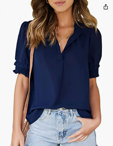 Women's New V-neck Short-sleeved Solid Color Blouses