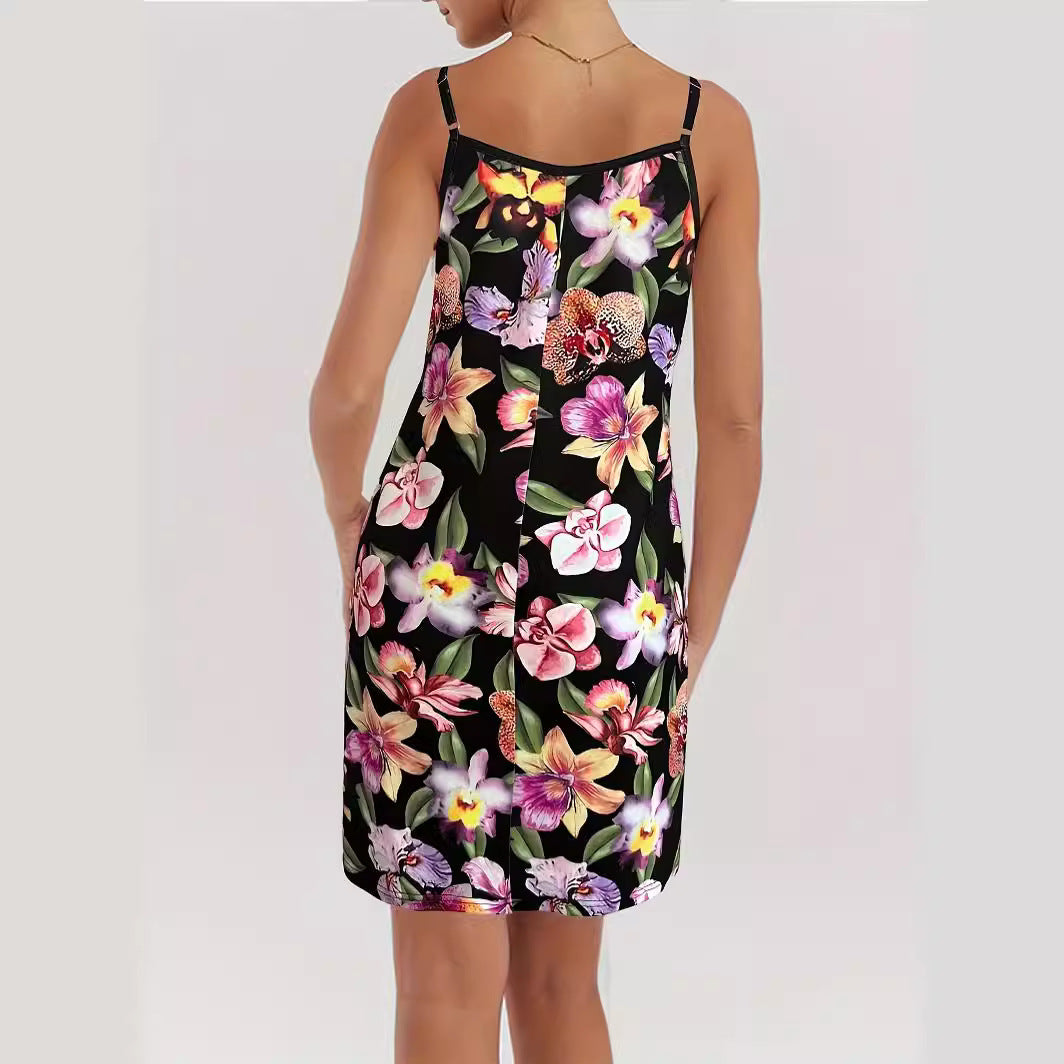 Fashion Flower Print Loose Sling Round Dresses