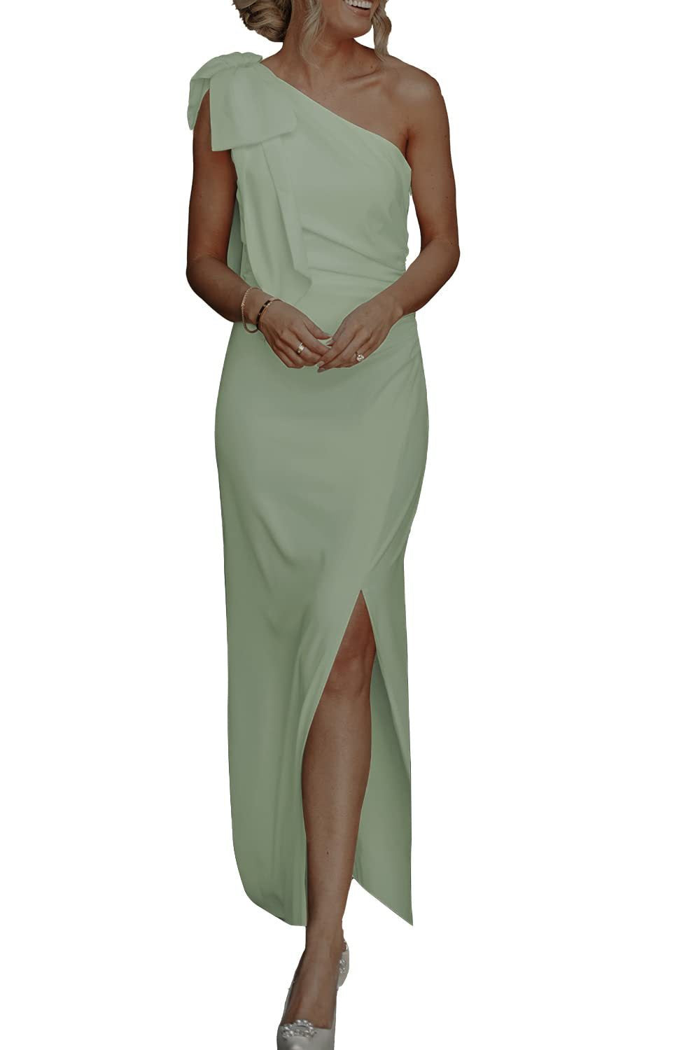 Damen Sommerkleid mit schrägen Schultern, lang, elegant, ärmellos, mit Rüschen, eng anliegend