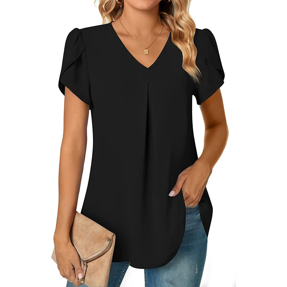 Women's Color Stitching Chiffon T-shirt Collar Sleeve Blouses