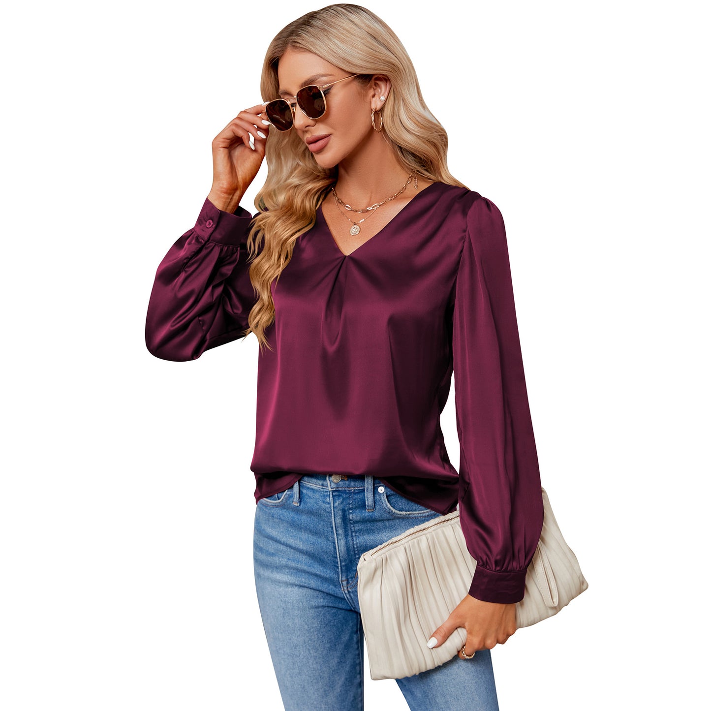 Blouses de chemise à manches longues plissées en satin créatif pour femmes