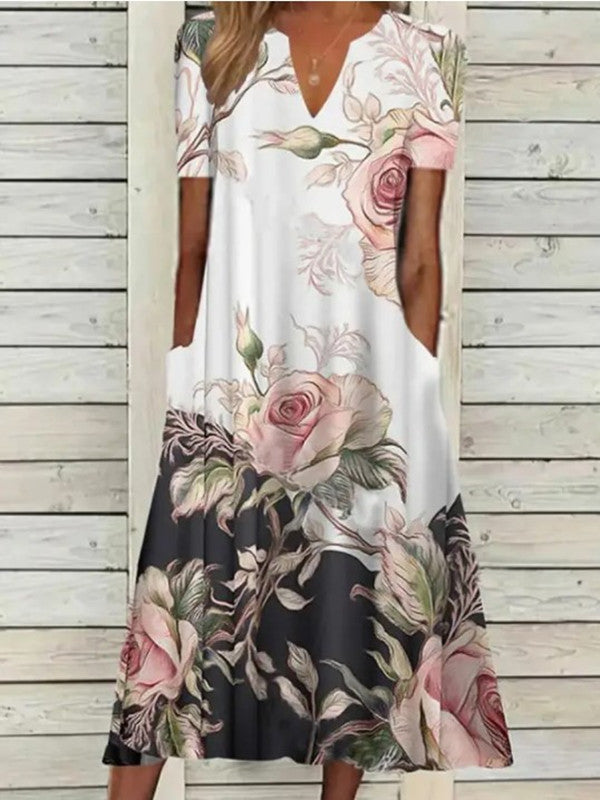 Women's Summer Floral Printed Sleeve Side Pocket Dresses