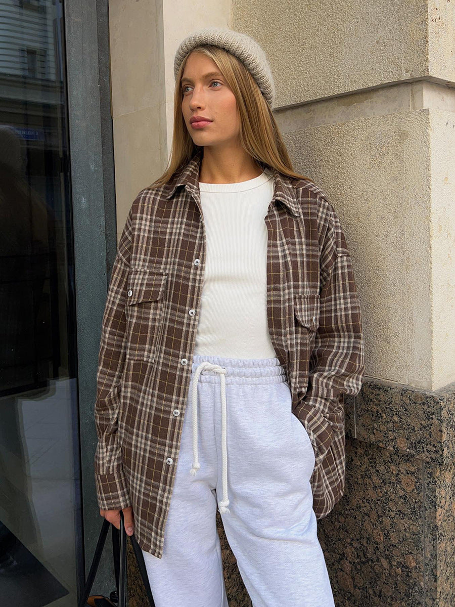 Chemise à carreaux pour femmes, chemisiers doubles rétro américains, printemps