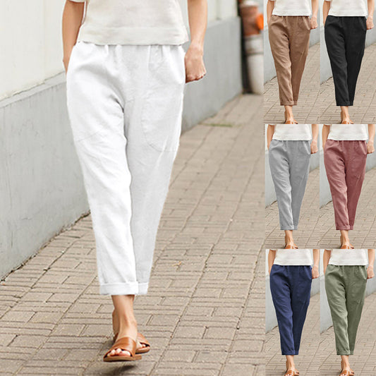 Women's Large Pocket Pure Color Comfort Cotton Pants