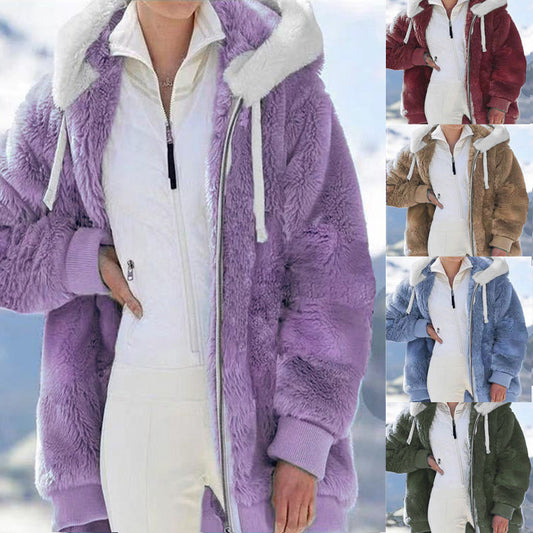 Classic Women's Loose Plush Zipper Hooded Sweaters