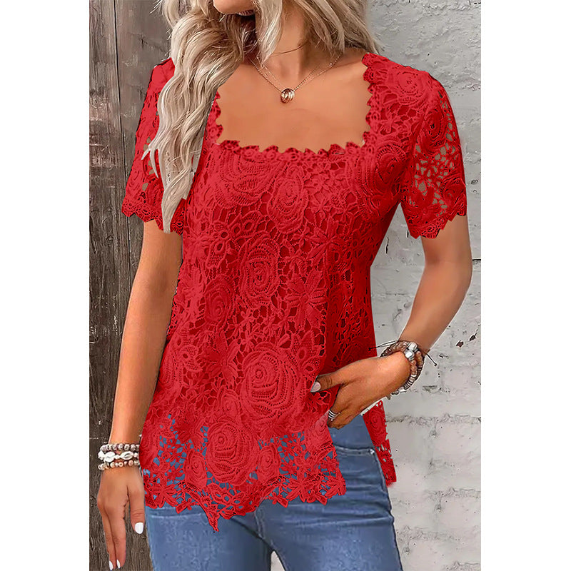 Slouchy Summer Vacation Elegant Lace T-shirt Tops