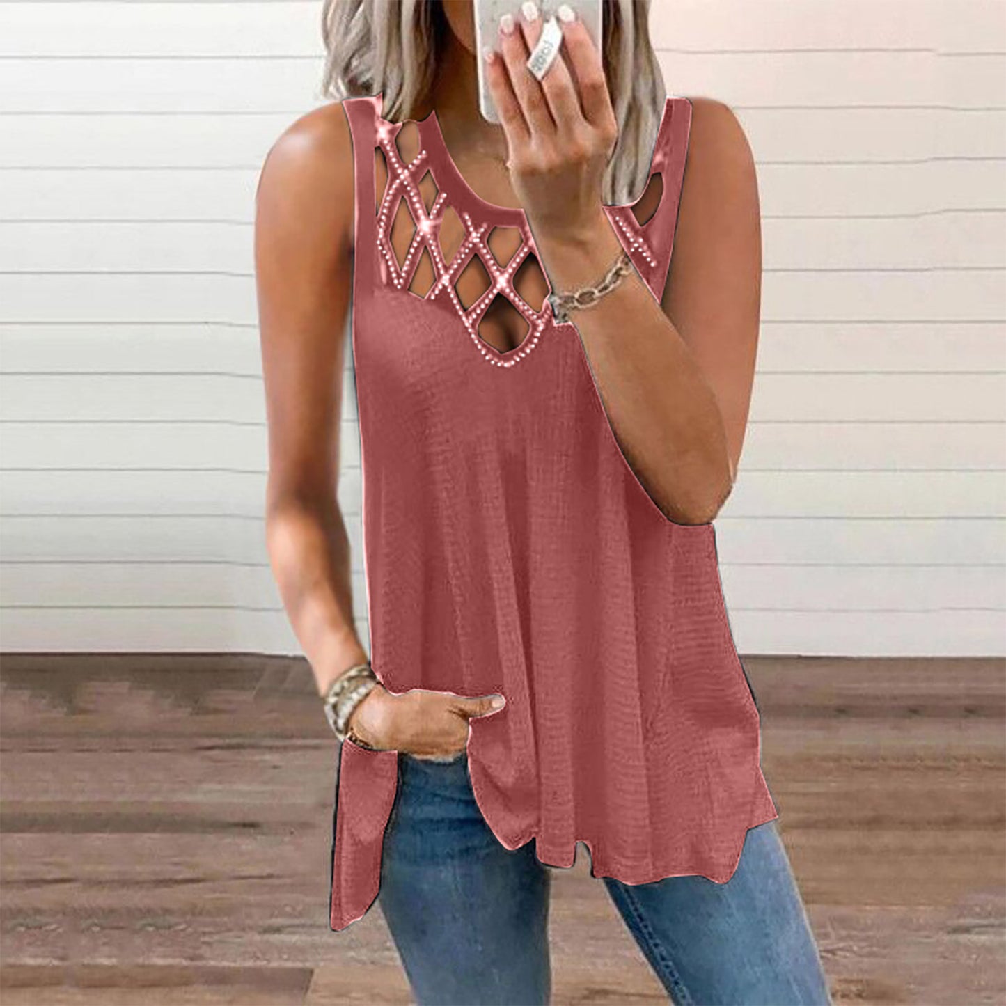 Women's Sexy Rhinestone Sleeveless Solid Color T-shirt Tops