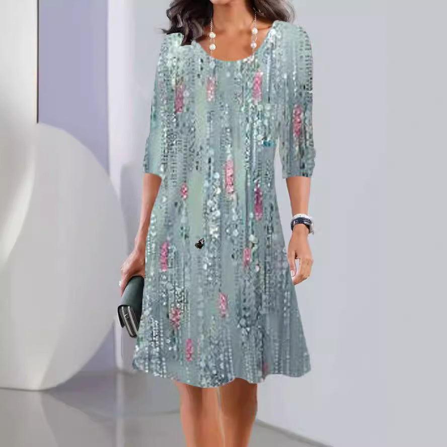 Print Long Sleeve Round Neck Mid-length Dresses